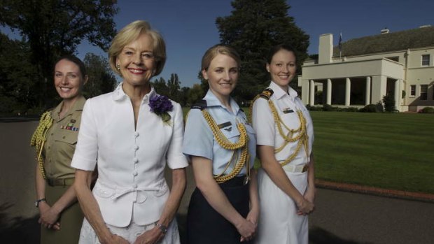 Governor-General Quentin Bryce (2nd from left) with her Aides-de-Camp (from left), Captain Courtney Ames, Flight Lieutenant Casey Byron and Lieutenant Michelle Freeman, at Government House.