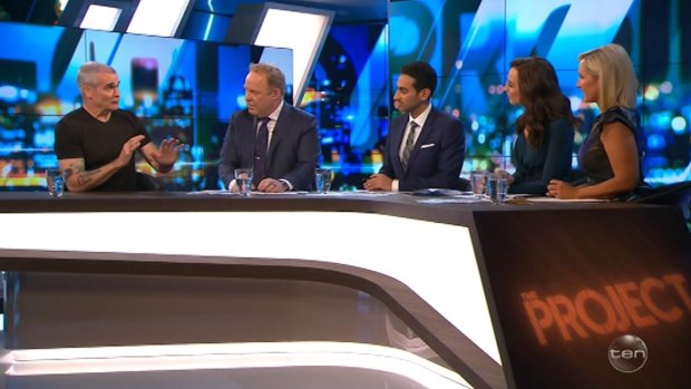 American performer Henry Rollins, left, speaks to hosts Peter Helliar, Waleed Aly, Carrie Bickmore and Fifi Box.