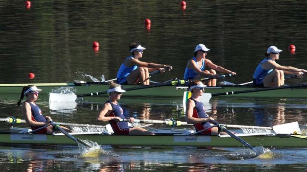 The UTS and Sydney Uni composite women's coxless fours were two of the crews competing at the trials yesterday.