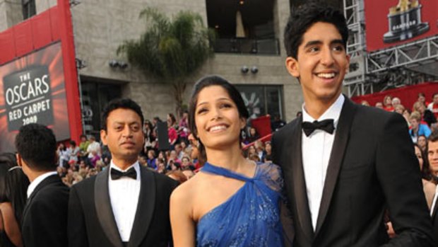 Slumdog Millionaire stars (from right) Dev Patel, Freida Pinto and Irfan Khan arrive at the 81st Academy Awards.