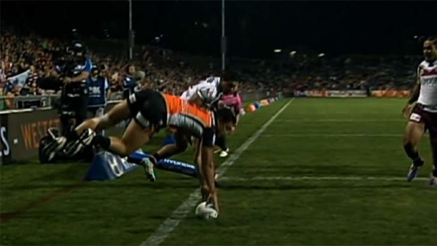 Wonder try: David Nofoaluma scores for the Tigers.