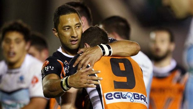 On a roll ... Benji Marshall congratulates Robbie Farah after his try.