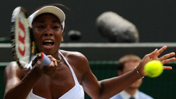 Venus Williams hits a forehand during her Wimbledon loss to Bulgaria's Tsvetana Pironkova.