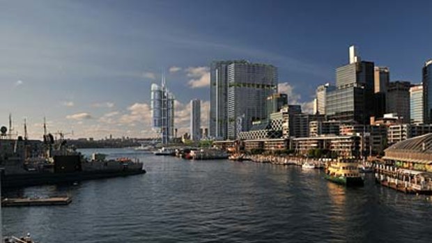 An artist's impression of the revised plan for the hotel, as seen from Darling Harbour.