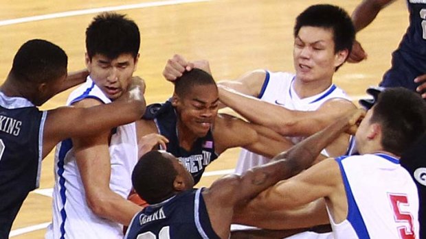 Fight erupts between Georgetown University and Bayi Rockets.