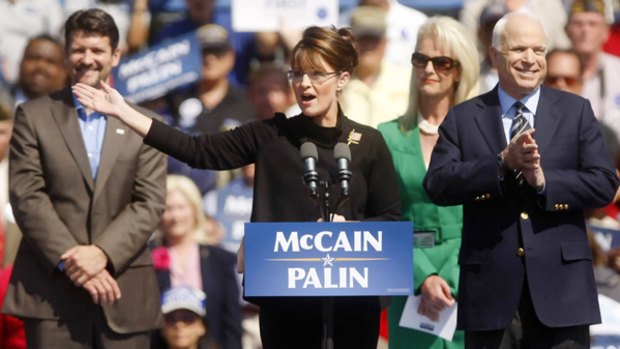 Out in front: vice-presidential candidate Sarah Palin addresses a Republican rally. Looking on are, from left, Palin's husband, Todd, John McCain's wife, Cindy, and presidential candidate Senator John McCain.