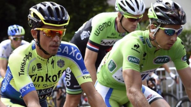 Calm before the storm: Alberto Contador (left) begins stage 10 with Peter Sagan (right).