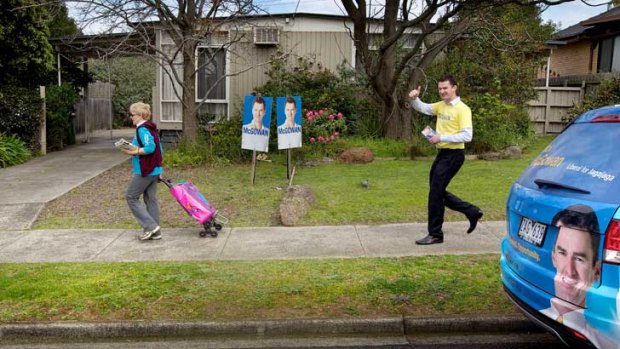 Liberal candidate for Jagajaga Nick McGowan doorknocks homes in Watsonia.