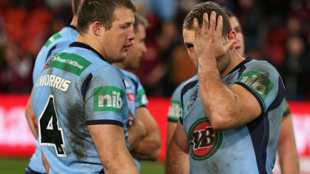Unhappy hunting ground: Josh Morris and Robbie Farah of the Blues after losing game three of the 2012 State of Origin series at Suncorp Stadium.