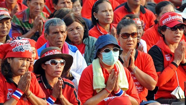 Ready to rise: Members of the red shirts in Bangkok.