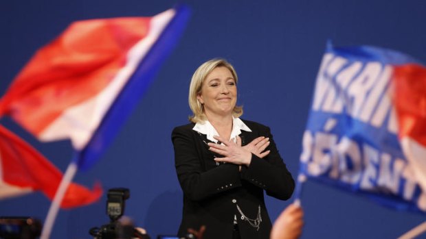 Marine Le Pen at her party's election-night rally. Her strong showing has left Nicolas Sarcozy at a disadvantage against Francois Hollande.