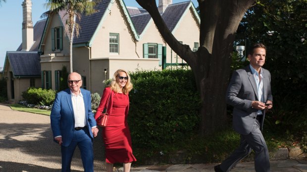 Rupert Murdoch, Jerry Hall and Lachlan Murdoch leave Kirribilli House after a Malcolm Turnbull event for big business in January. 