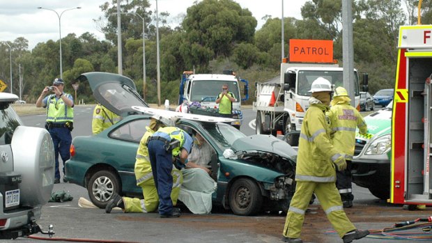 Two men received spinal injuries after a four-car pile-up in Bunbury this morning. <i>Photo: Shanelle Miller, The Bunbury Mail. </i>