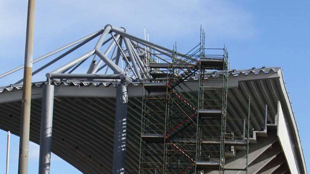 The roof of the western grandstand at WIN Stadium has buckled in high winds.