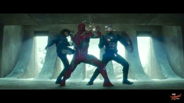 Iron Man and Captain America fighting in a still from the trailer for <i>Captain America: Civil War</i>.
