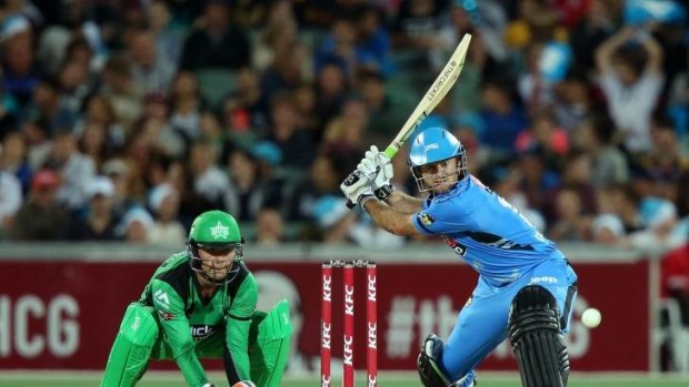 Slogging time: Adelaide Strikers batsman Tim Ludeman swings in front of Melbourne Stars keeper Tom Triffitt during the Big Bash League match at Adelaide Oval.