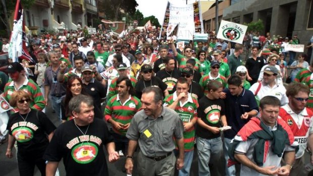 Fighting the good fight: George Piggins with fellow Rabbitohs legend John Sattler leading the 2000 protest march.