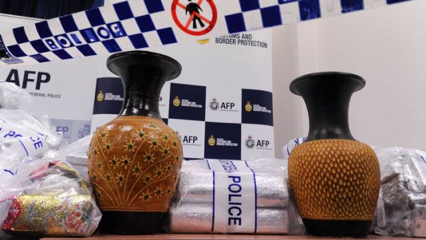 Australian Federal Police display ceramic vases used to conceal $US 525 million worth of crystal methamphetamine and heroin.