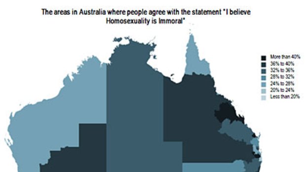 A map showing response rates to a survey on people who find homosexuality immoral. For the full results <a href="http://images.brisbanetimes.com.au/file/2010/11/15/2045177/immoral.pdf?rand=1289799771462"><b>click here</a></b>.