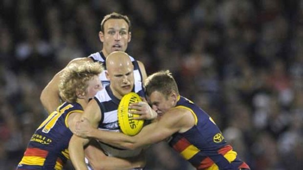 Geelong star Gary Ablett is tackled by Crows' Rory Sloane (left) and Brent Reilly in last night's match.