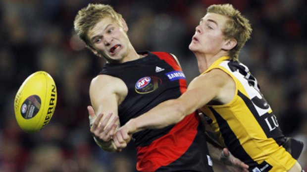 Essendon's Michael Hurley is spoiled by Tiger David Ashbury.