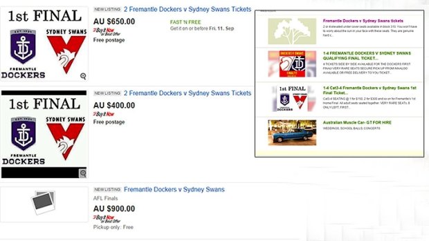 Tickets to Saturday's qualifying final Dockers v Swans popped up on eBay and Gumtree just two hours after ticket sales opened.