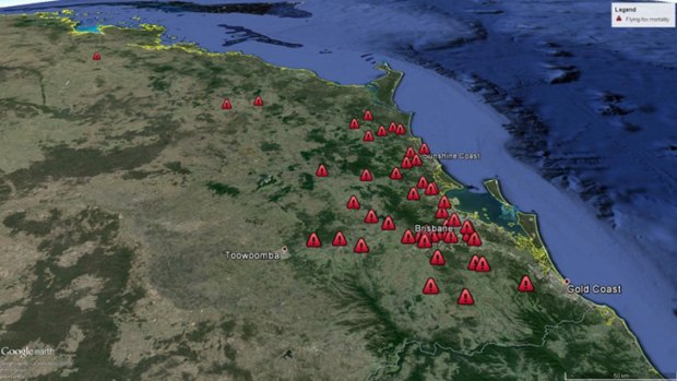 Locations of flying fox mortality in southeast Queensland on January 4, 2014.