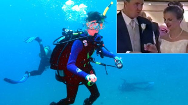 A photograph supplied by Queensland Police of Christina Mae Watson ( Tina Watson ) on the right of the image lying on the seafloor and an instructor going to her rescue obscured by an unidentified diver posing for the picture. Inset: Gabe and Tina Watson on their wedding day.