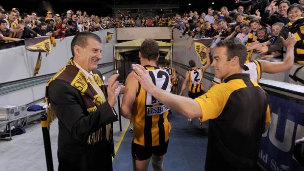 Smiles all round: Jeff Kennett with Alastair Clarkson after Hawthorn's preliminary final win last Saturday.