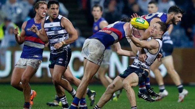 Cat and Dog fight:  Geelong skipper Joel Selwood and Bulldog Koby Stevens come to grips.