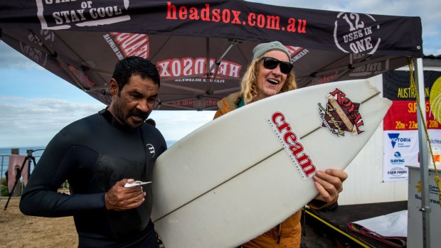 Robbie Page, right, at the Australian Indigenous Surfing Titles at Bells Beach.