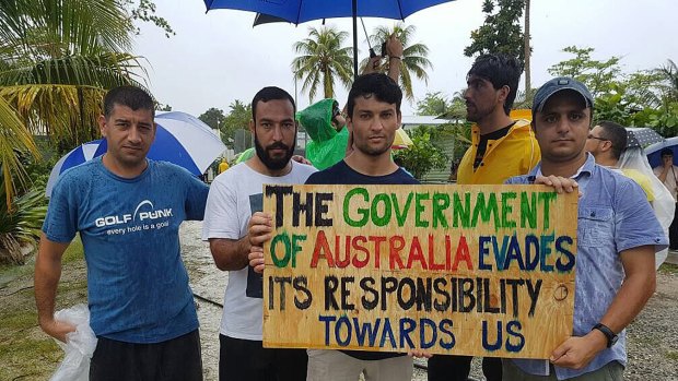 Men protest at the now-closed detention centre in Manus.