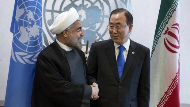 United Nations Secretary-General Ban Ki-moon greets Iran's President Hassan Rouhani during the UN General Assembly in  September 2013.