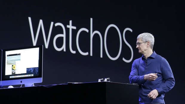 Apple CEO Tim Cook talks about the Apple Watch operating system at the Worldwide Developers Conference in San Francisco