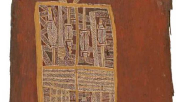 Mununggurr Djankawu, Maama Mununggurr; Djan'kawu Sisters story: Djarrka (Water Monitor) 1942  (detail); natural pigments on bark, 186.2 x 109.5 cm; The Donald Thomson Collection, the University of Melbourne and Museum Victoria; Courtesy the artist's heirs and Buku-Larrnggay Mulka Centre, Yirrkala