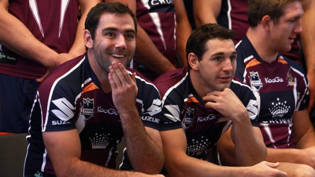 Seeing stars: Cameron Smith and Billy Slater at a team photo session yesterday.