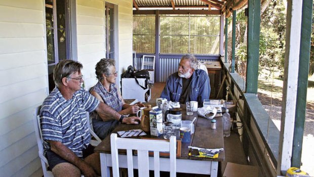 "Andy was ripe for the plucking" … John Morris (at left), Cathryn Radclyffe and writer Frank Robson at the homestead on Middle Percy Island.