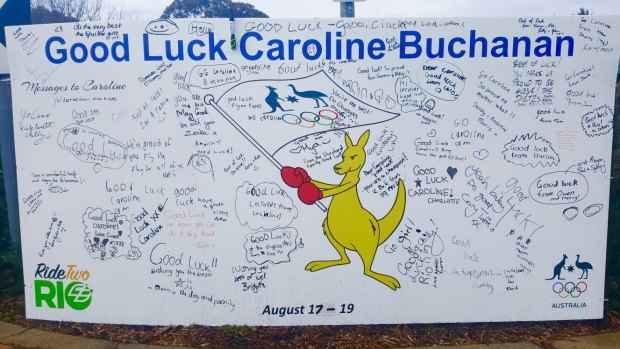 A banner in Tuggernaong supporting Canberra BMX rider Caroline Buchanan ahead of the Rio Games.