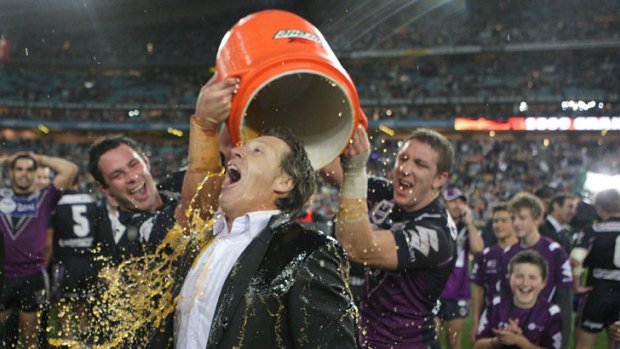 Celebrations ... Craig Bellamy gets a Gatorade shower following the 2009 grand final.