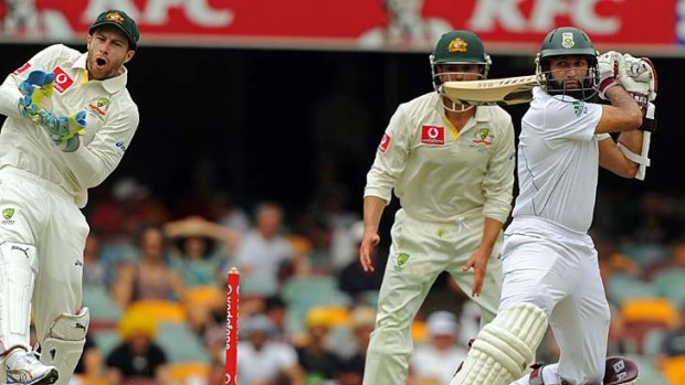 Composed knock ... Hashim Amla makes short work of the Australian attack during the opening day of the first Test at the Gabba on Friday. South Africa's No.3 was 90 not out at stumps.