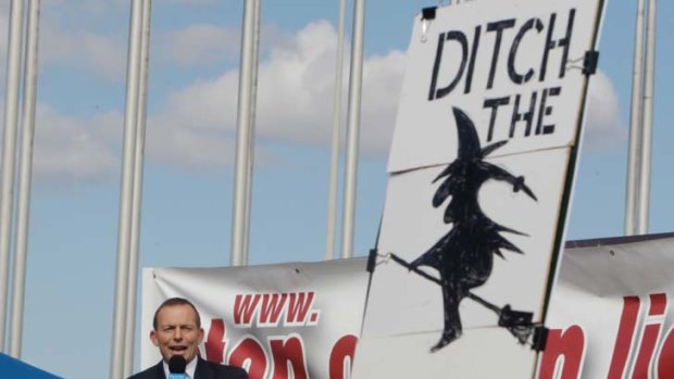 The Leader of the Opposition Tony Abbott addresses the No Carbon Tax rally outside Parliament House in  Canberra today.