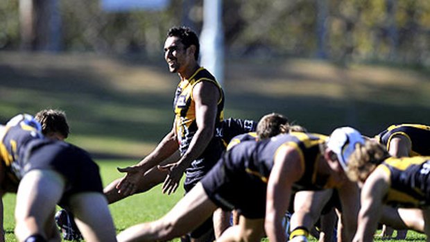 Richard Tambling, ready for his 100th game, at Tiger training at Victoria Park yesterday.