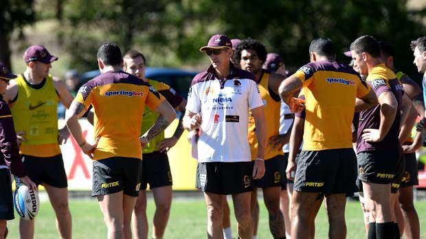 Wayne Bennett talks to his Broncos charges in Brisbane before the Cowboys clash.