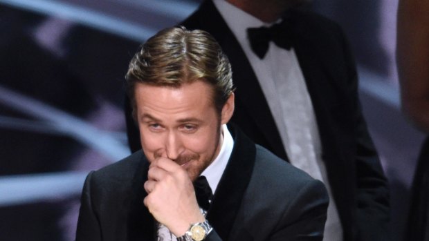 Ryan Gosling from La La Land reacts as the true winner of best picture is announced at the Oscars on Sunday.