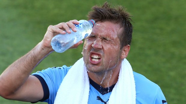 Heated: Sydney FC's Milos Dimitrijevic cools down during the scorcher against Perth Glory.