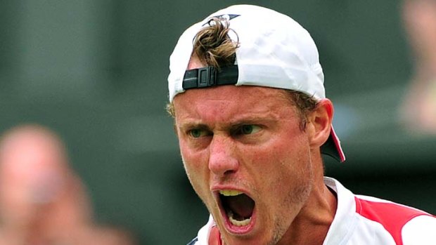 So close ... Lleyton Hewitt celebrates winning a point, but he came up short against Robin Soderling.