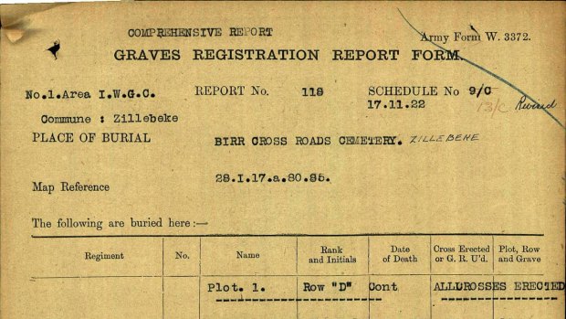 War records used to identify the final resting places of Henry Huntsman and Charles Eacott, who died in a shell attack in Belgium in 1917.