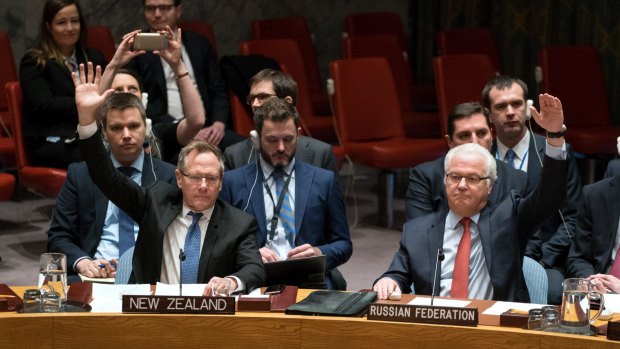 New Zealand's UN Ambassador,  Gerard van Bohemen, left, and Russia's UN Ambassador Vitaly Churkin, at the unanimous Security Council vote.