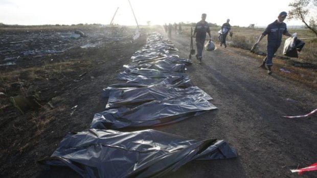 Body bags rest largely unguarded by the side of a road.