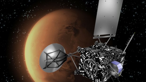 One-way ticket ... An artist's impression of the European Space Agency probe Rosetta with Mars in the background. Four people will be sent to the red planet in 2024 as part of the Mars One mission.
